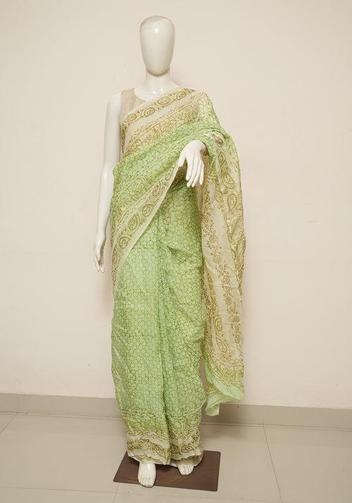 Pista Green and Off White Block Printed Semi Organza Saree with Badla work