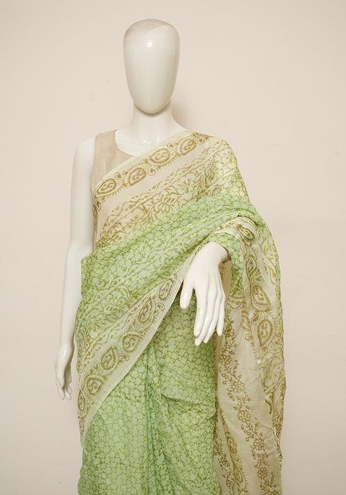 Pista Green and Off White Block Printed Semi Organza Saree with Badla work