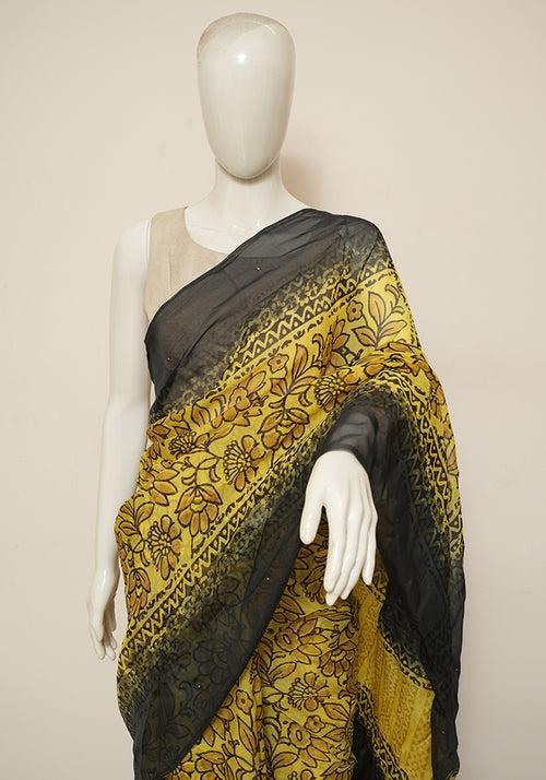 Yellow and Black Block Printed Semi Organza Saree with Badla work