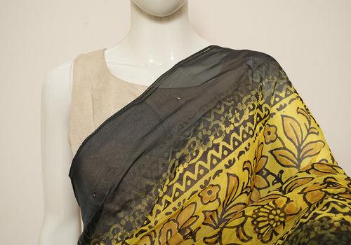 Yellow and Black Block Printed Semi Organza Saree with Badla work