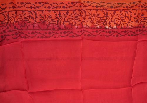 Orange and Red Block Printed Semi Organza Saree with Badla work