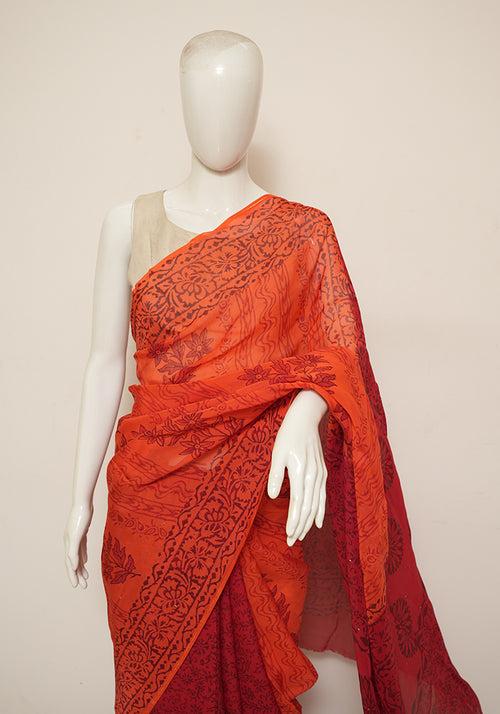 Orange and Red Block Printed Semi Organza Saree with Badla work