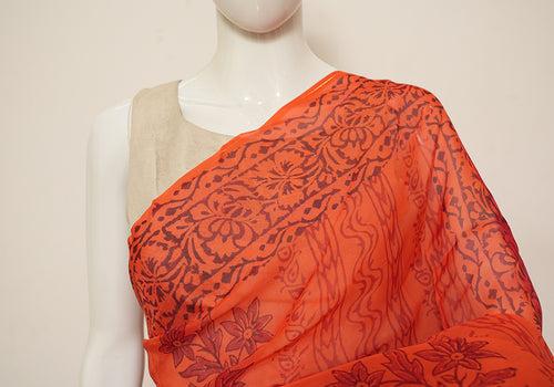 Orange and Red Block Printed Semi Organza Saree with Badla work