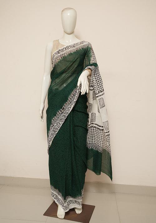 Dark Green and White Block Printed Georgette Saree