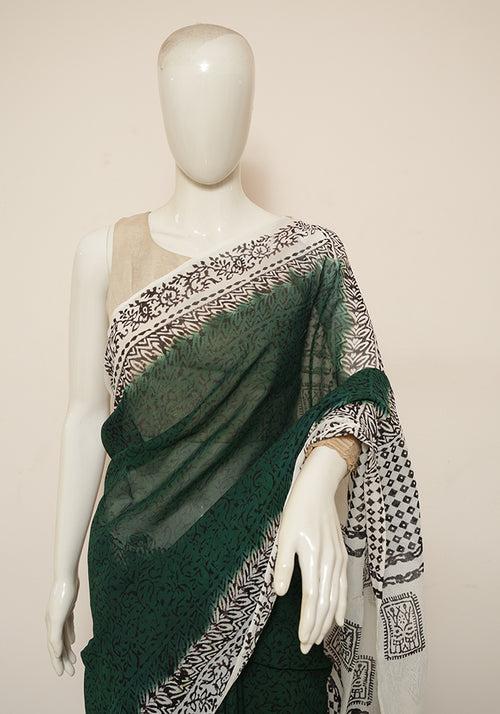 Dark Green and White Block Printed Georgette Saree