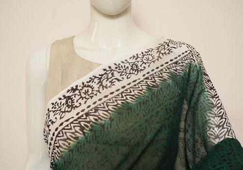 Dark Green and White Block Printed Georgette Saree