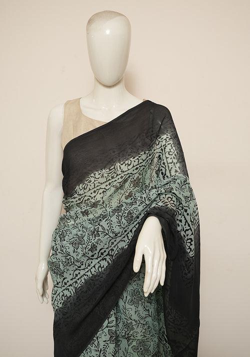 Pastel Green and Black Block Printed Georgette Saree