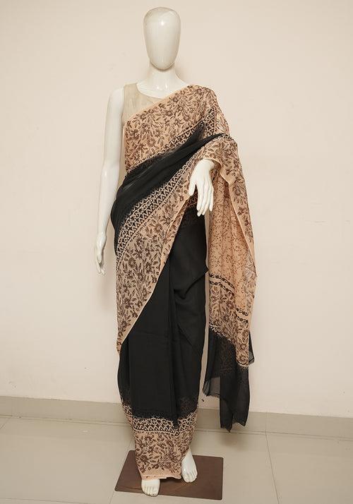 Black and Light Brown Block Printed Georgette Saree