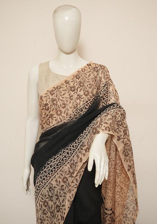 Black and Light Brown Block Printed Georgette Saree