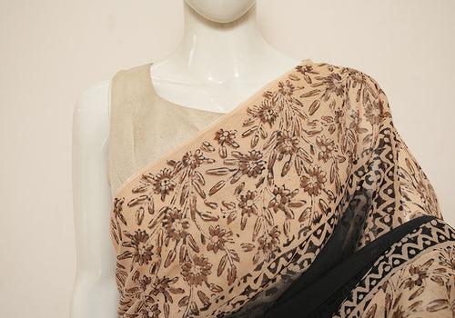 Black and Light Brown Block Printed Georgette Saree