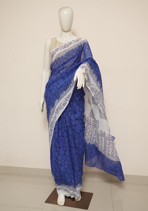 Cobalt Blue and White Block Printed Georgette Saree