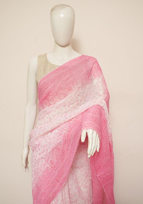 White and Pink Block Printed Georgette Saree