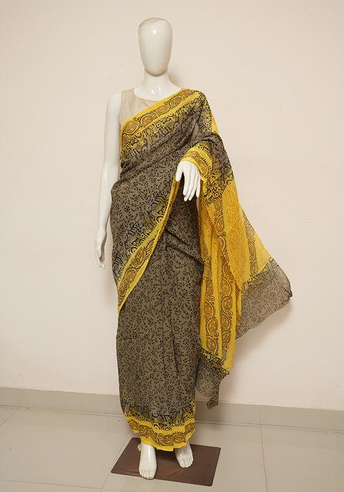 Grey and Yellow Block Printed Georgette Saree