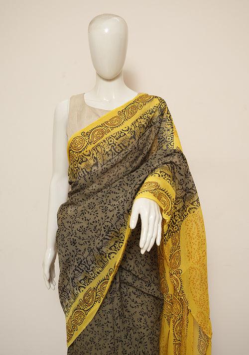 Grey and Yellow Block Printed Georgette Saree