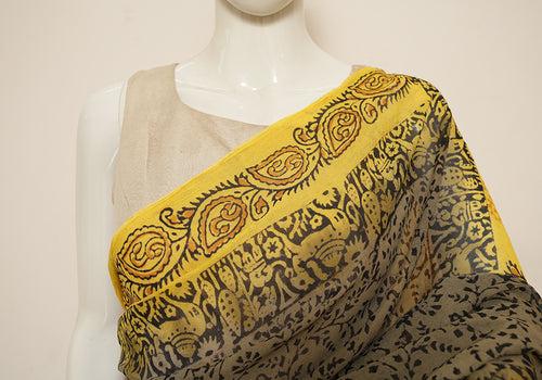 Grey and Yellow Block Printed Georgette Saree