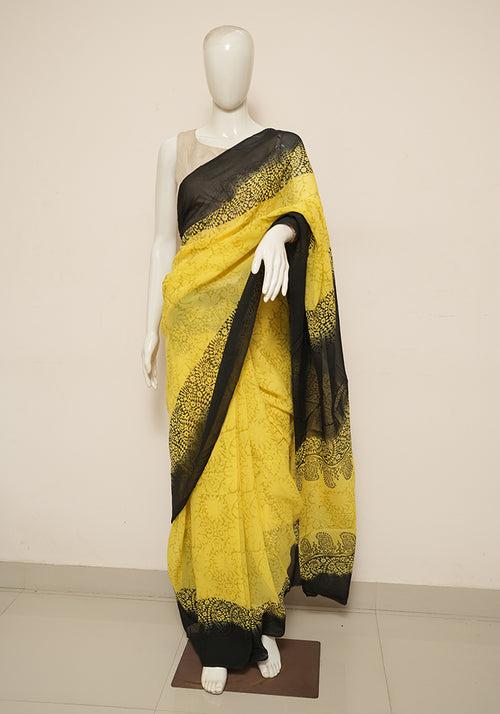 Lemon Yellow and Black Block Printed Georgette Saree