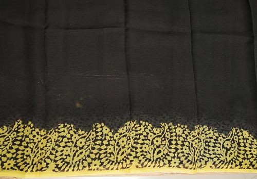 Lemon Yellow and Black Block Printed Georgette Saree