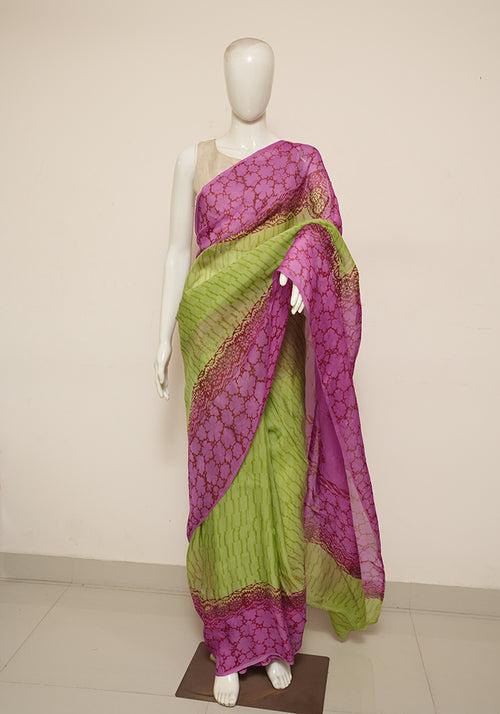 Parrot Green and Purple Block Printed Semi Organza Saree with Badla work