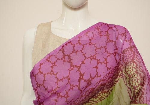 Parrot Green and Purple Block Printed Semi Organza Saree with Badla work