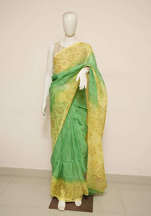 Parrot Green and Lemon Yellow Block Printed Semi Organza Saree with Badla work