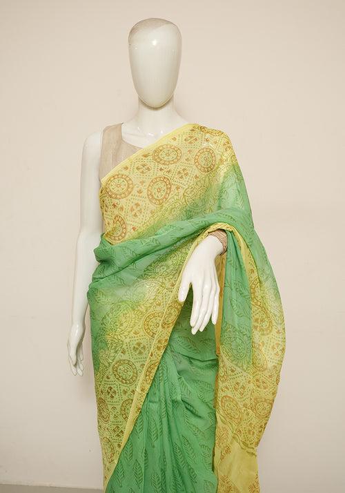 Parrot Green and Lemon Yellow Block Printed Semi Organza Saree with Badla work