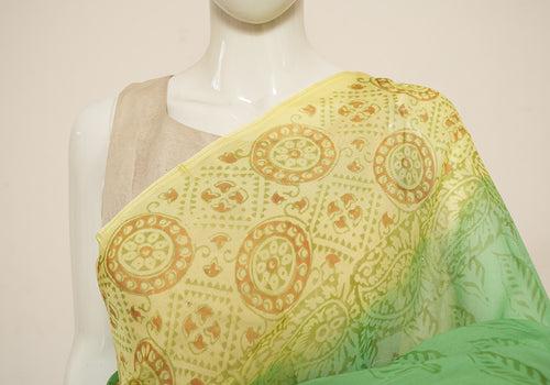 Parrot Green and Lemon Yellow Block Printed Semi Organza Saree with Badla work