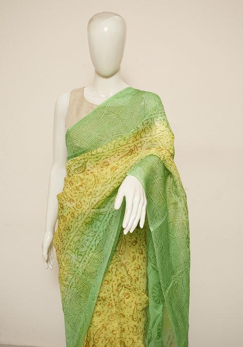 Lemon Yellow and Parrot Green Block Printed Semi Organza Saree with Badla work