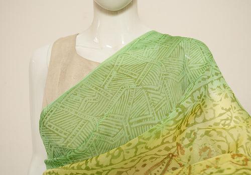 Lemon Yellow and Parrot Green Block Printed Semi Organza Saree with Badla work