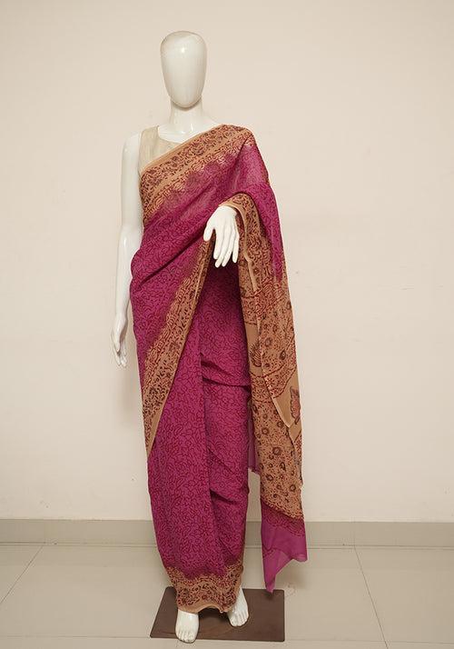 Pink and Light Brown Block Printed Georgette Saree