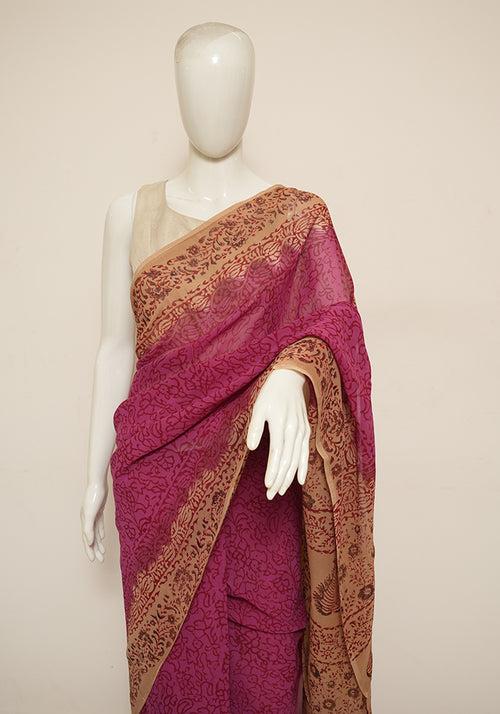 Pink and Light Brown Block Printed Georgette Saree