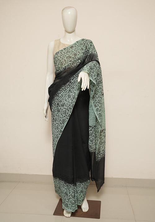 Black and Pastel Green Block Printed Georgette Saree