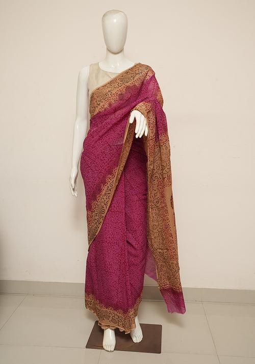 Pink and Light Brown Block Printed Georgette Saree