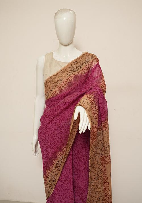 Pink and Light Brown Block Printed Georgette Saree