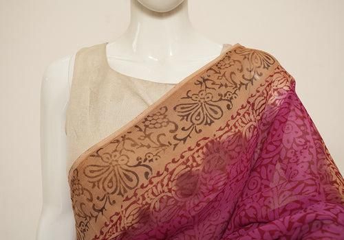 Pink and Light Brown Block Printed Georgette Saree