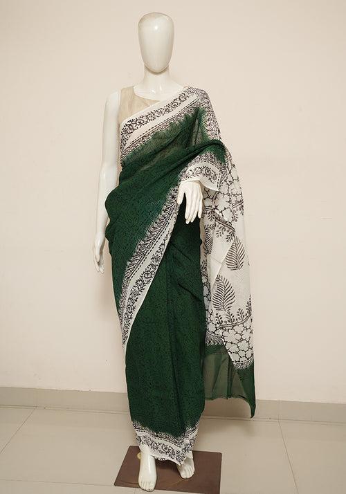 Dark Green and White Block Printed Georgette Saree