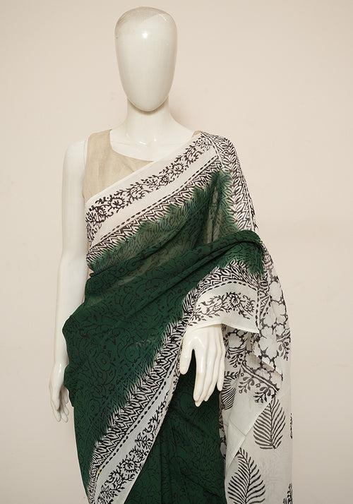 Dark Green and White Block Printed Georgette Saree