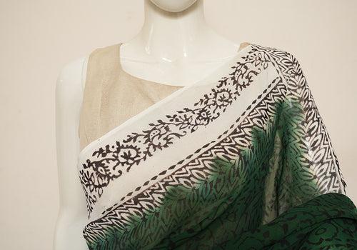 Dark Green and White Block Printed Georgette Saree