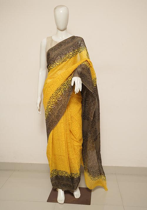 Yellow and Grey Block Printed Georgette Saree