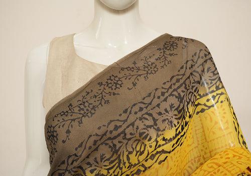 Yellow and Grey Block Printed Georgette Saree