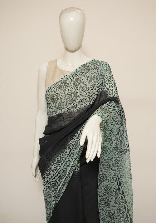 Black and Pastel Green Block Printed Georgette Saree