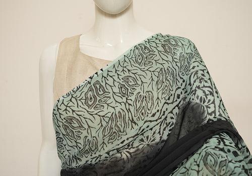 Black and Pastel Green Block Printed Georgette Saree