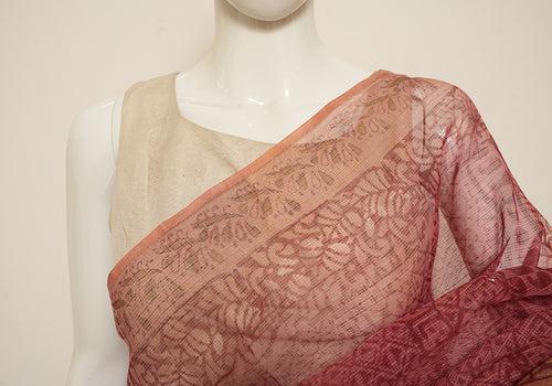 Pink and Peach Block Printed Kota Saree with Mirror Work