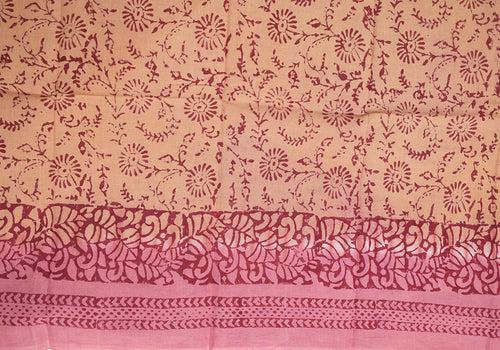 Pink and Peach Block Printed Kota Saree with Mirror Work