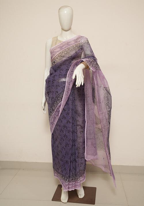 Purple and Light Purple Block Printed Kota Saree with Mirror Work