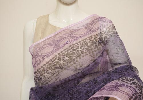 Purple and Light Purple Block Printed Kota Saree with Mirror Work