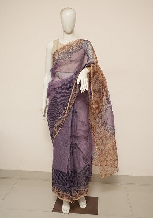 Purple and Light Brown Block Printed Kota Saree with Mirror Work