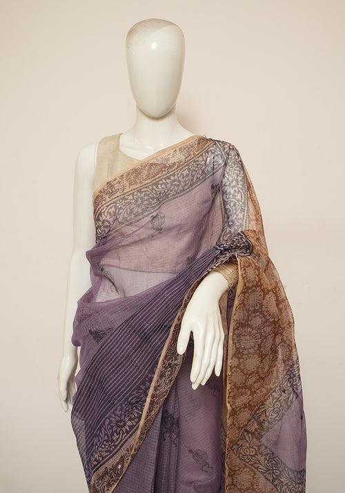 Purple and Light Brown Block Printed Kota Saree with Mirror Work