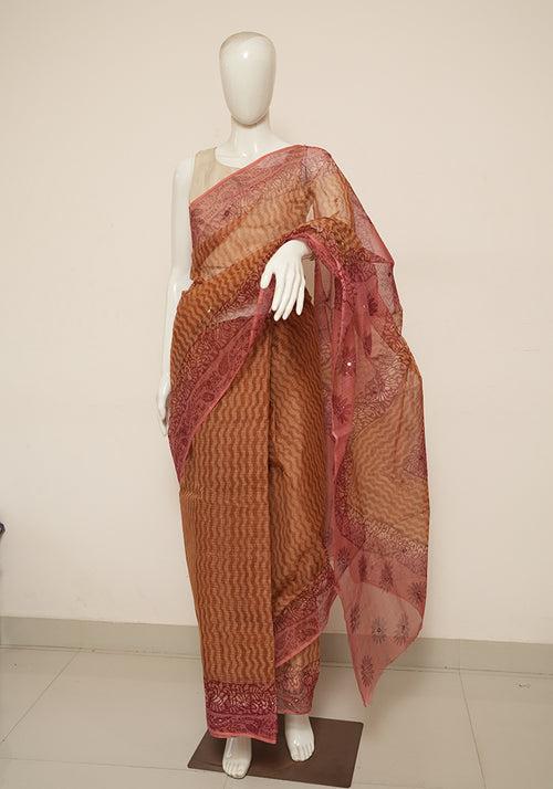 Peach and Pink Block Printed Kota Saree with Mirror Work