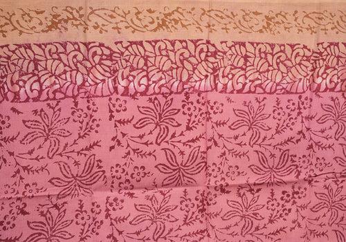 Peach and Pink Block Printed Kota Saree with Mirror Work