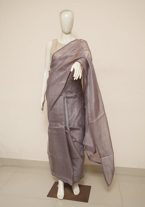 Greyish Purple Tussar Kota Saree with Badla Work and Piping